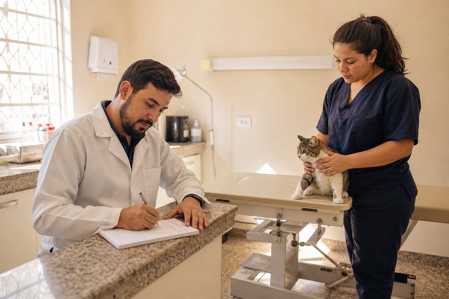 Médico veterinário preenchendo bloco de receita à mão no consultório enquanto auxiliar contém um gato
