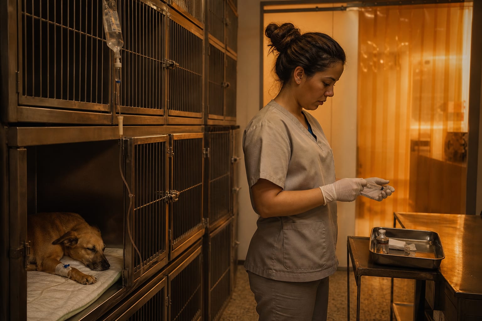 Enfermeira veterinária preparando seringa na área de internação durante o plantão noturno