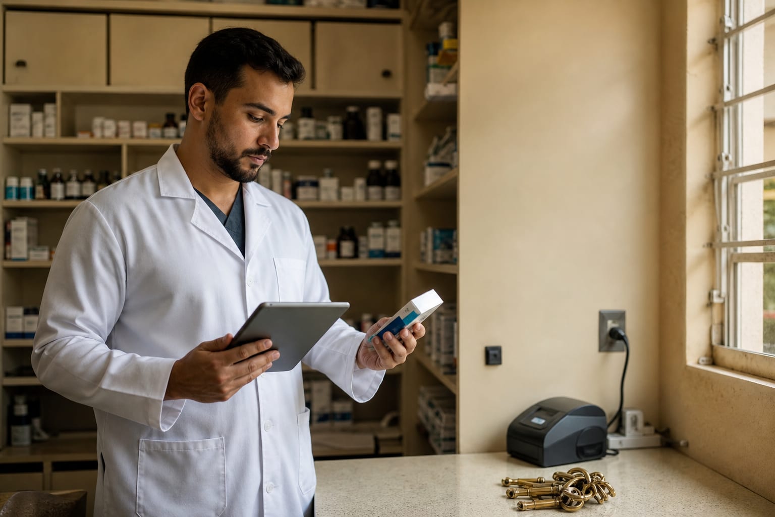 Veterinário com tablet e frasco de medicamento na farmácia interna da clínica